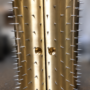 Three brass rollers at varied stages: blank, drilled and spiked.
