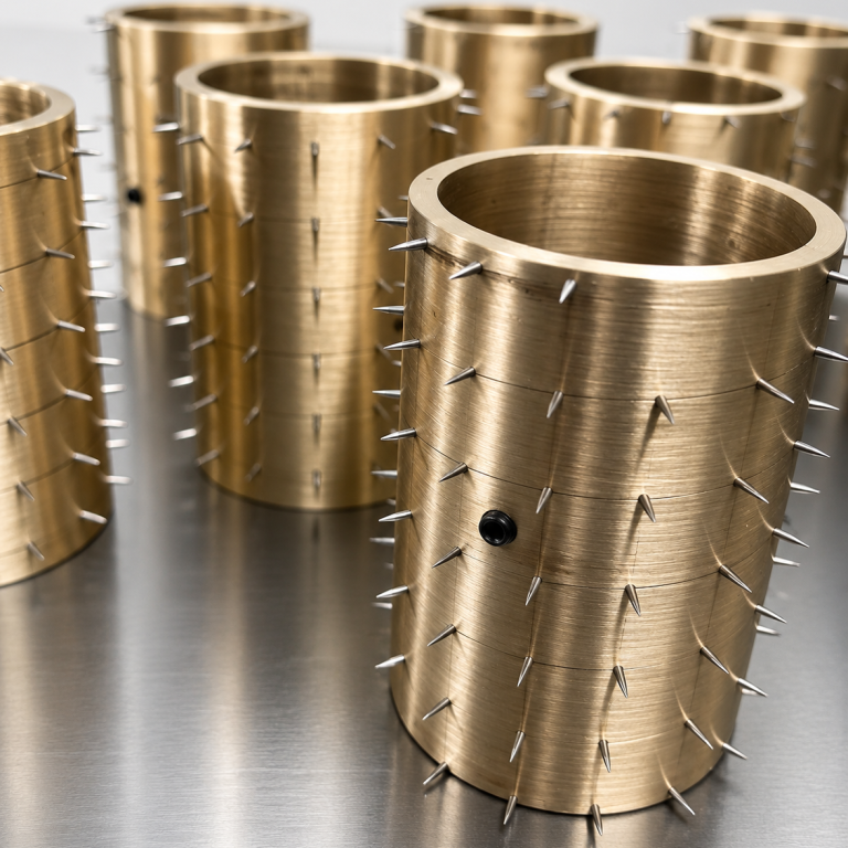Refurbished roller sleeves with replacement steel pins, arranged in groups on a surface.